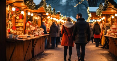 Enjoying Christmas Market, a couple walking near stalls